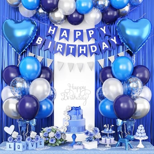 Geburtstagsdeko Blau Silber,Geburtstag Party Deko für Mann Jungen,Luftballons Geburtstag Dekoration Set mit Happy Birthday Girlande Cake Topper Lametta Vorhang Konfetti Ballons