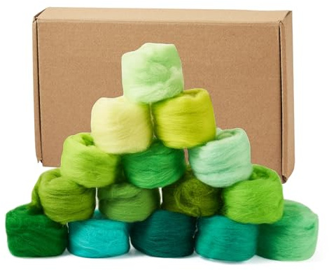 Craftdady 15 juegos de lana de fieltro de aguja de 75 g, hilo de lana de fibra natural, hilado giratorio de fieltro verde para hilados a mano, fieltro, materiales de manualidades
