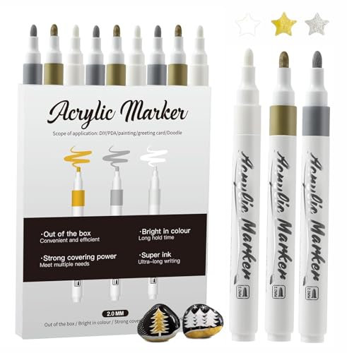 lomdung 9 Pièces Feutre Acrylique Peinture stylo, 3 Couleurs Marqueurs Peinture Acrylique pour Roche, Acrylic Paint Marker pour Bois, Toile, Verre, Céramique, Marqueur Peinture Acrylique à base D'eau