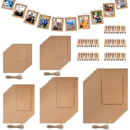 Wokape 50Pcs Paper Picture Frames Set,3/4/5/6/7 Cardboard Photo Frame, DIY Cardboard Photo Hanging Display For Home, Party, Classroom Crafts and Office Wall(Buff)