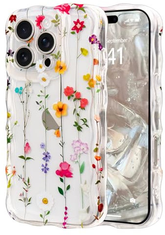 Micoden Cute Curly Wave Case for iPhone 16 Pro Max,Clear with Anti-Yellowing Flower Floral,Soft TPU Slim Bumper Shockproof Anti-Scratch Protective Wavy Cover for Girls Women-Yellow