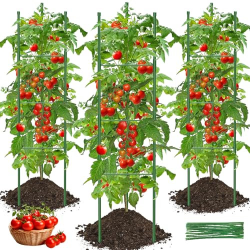MQJIAZHI Tomato Cage, 3-Pack 130cm Tomato Plant Support Frame Stakes Cages for Vertical Climbing Plants, Rustproof Tomato Garden Trellis for Vegetables, Flowers, Fruits, Vine, 20 Pcs Twist Ties
