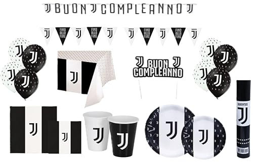 Kit Compleanno Juventus 106 Pezzi – Set Festa a Tema Juve con Tovaglia, Piatti, Bicchieri, Tovaglioli, Palloncini, Festoni e Decorazioni Torta