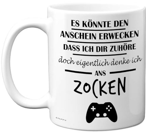 Gamer Geschenke für Männer und Frauen – Eigentlich Denke Ich ans Zocken – Lustige Gaming-Tasse, Geschenke für Gamer, Videospiel-Präsente, 325 ml Premium-Keramiktasse, spülmaschinenfest