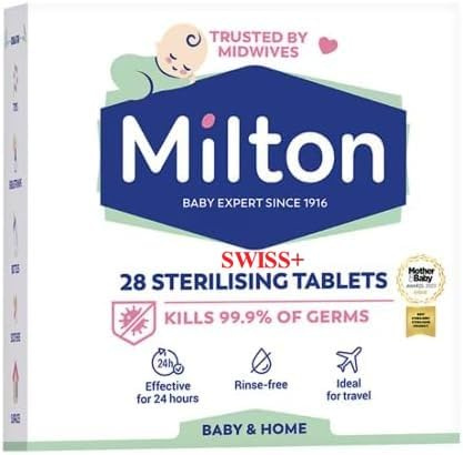 SWISS+ MILTON Sterilising Tablets (28 Pack) – Kills 99.9% of Germs | Trusted by Midwives | 24-Hour Protection | No Rinse Required | Travel-Friendly & Easy to Use | Ideal for Baby Bottles & Accessories