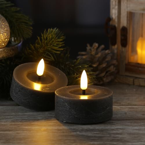 MARELIDA LED Maxi Teelichter in Rustik Optik Echtwachsteelichter mit leicht flackernder Flamme und Timer Teelichter-Set für Innen in grau (2 Teelichter groß)