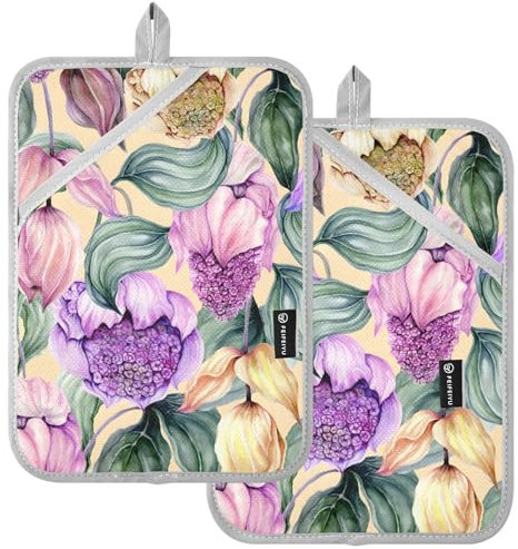 Guanti da forno personalizzati resistenti al calore per pentole e pentole gialle con medinilla viola per cucinare essenziali, set di 2