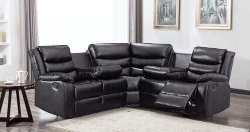 SQUAREBOXX Milano Manual Recliner Corner Sofa with High-Density Foam Cushions, 2-Stage Action, Drop Down Cup Holder. (Black Leather)