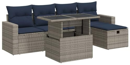 vidaXL 6 Piece Garden Sofa Set with Cushions Grey Poly Rattan, outdoor sofa set, garden lounge set