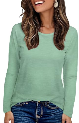 florynova Womens Long Sleeve Tops Round Neck Casual Shirts Loose Basic Tees Simple Solid Color Tunic Blouse(Light Green,S)