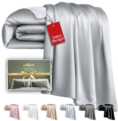 Welldora Deckenbezug 155x220 | 100% Seide 22 Momme | Bettwäsche Silbergrau | Luxuriöser Seidendeckenbezug aus Maulbeerseide | Höchste Güteklasse 6A, sanft zu Haut & Haar | OEKO-TEX zert. in der Schweiz