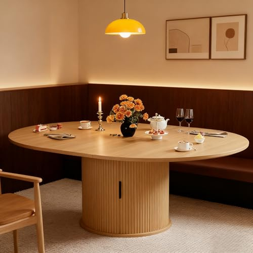 Wildhome Ausziehbarer runder Esstisch, moderner Küchentisch, geeignet für 4-6 Personen, ovaler Esstisch mit Stauraum, geeignet für Küche, Esszimmer und Wohnzimmer (Naturholzfarbe)