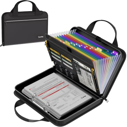 Tamfile Fireproof Ring Binder, 2 D-Ring A4 Binder with 13 Pockets Colorful | Document Organiser with Zipper, Expanding File Folder, Portable Document Storage with Handles, for Office Home School, Black