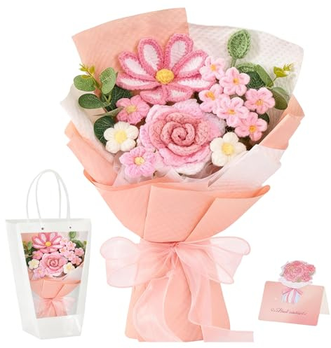 Crochet Flowers Bouquet, Handmade Crochet Flower Bouquet with Gift Bag & Card, Knitted Flowers Gelsemium, Rose, Forget-me-not for Mom/Anniversary/Graduation/Home Decoration/Wedding (Pink)
