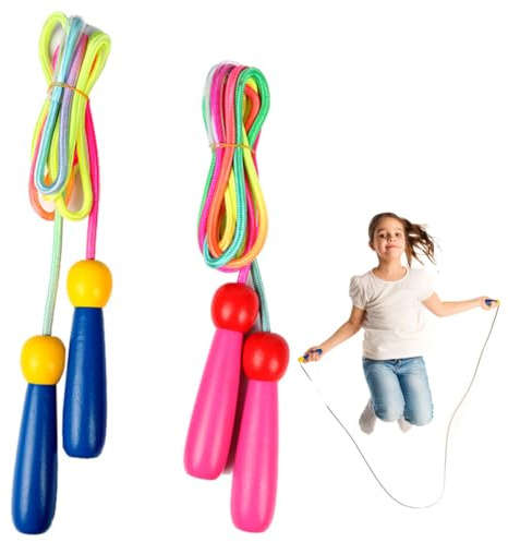 2 Pezzi Corda per Saltare Regolabile Colorata Blu e Rosa, Corda in Cotone con Manico in Legno per Bambini, Ragazzi e Adulti, per Fitness, Allenamento e Attività All'aperto