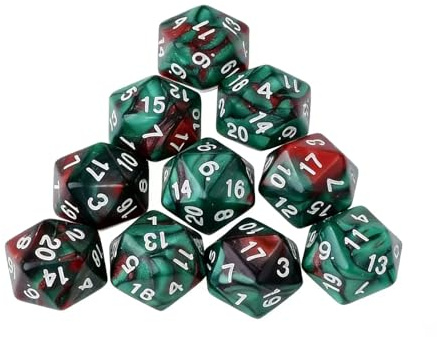 Dzxin W20 Würfel, 10 Stück Polyedrische W20 Würfel, D20 MTG würfel DND würfel für Rollen- und Tabletopspiele (Rot + Grün)