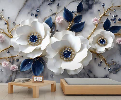 YEMYOR Relief Floral Mural Wallpaper Luxury 3D Flower Wallpaper for Kitchen Restaurant Office White Flower Marble Wall Mural for Living Room Bedroom-150x105cm