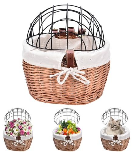 Panier pour Chat pour vélo - 11,8 x 9,8 x 11,8 Pouces, Cage en Fil métallique, Panier en Osier | Panier de Guidon Amovible | Porte-vélos en Osier pour Petits Chiens et Chats