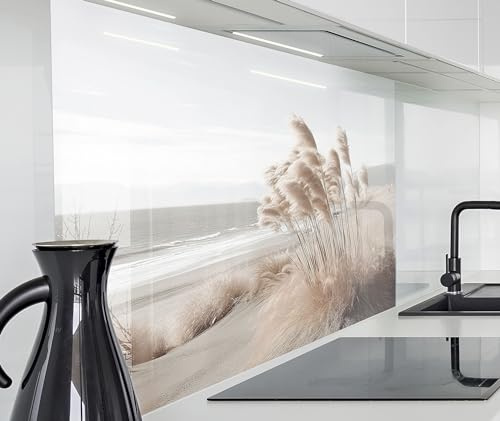 timalo Spritzschutz Wand für Herd, Küche Küchenrückwand Glasoptik | Acryl Glas 2mm | Glasrückwand Acrylglas Wandpaneele Rückwandschutz Platte | 100x50cm Meer Düne Pampasgras