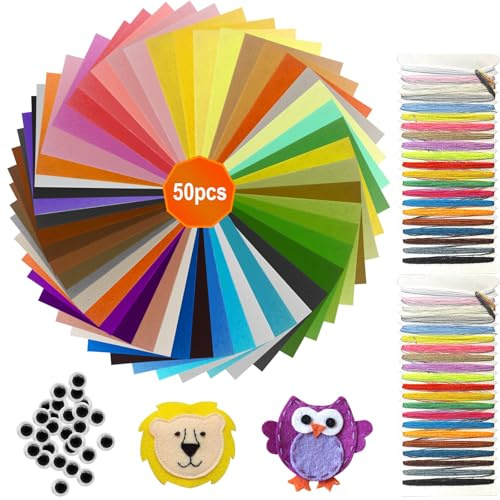 Filz 50 Farben Bastelfilz,20 x 30 cm Filzstoff Basteln,Kinder Vliesstoff Stoff Filzplatten,Polyester Felt Fabric Filzplatten mit Bunter Stickgarn und Nähnadel,Bastelfilzblättern,DIY Filzblatt