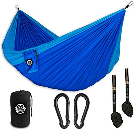 Monkey Swing Hängematte Ultraleicht inkl. Karabiner & Schwerlastgurten (bis 300 kg belastbar, 275 x 140 cm) – ideal für Camping, Outdoor, Trekking & als Reisehängematte (Blau)