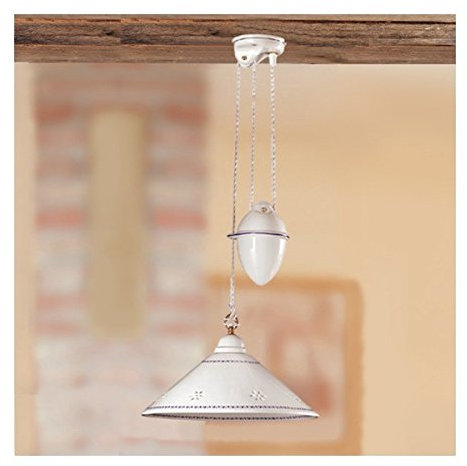 Lampadario saliscendi in ceramica con contrappeso e piatto liscio bordo traforato e decorato - Ø 40 cm - Blu