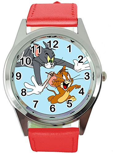 Taport® Tom und Jerry Quarz-Armbanduhr, rund, SCI FI, echtes Lederband, inklusive Ersatzakku und Geschenkbeutel, Rot