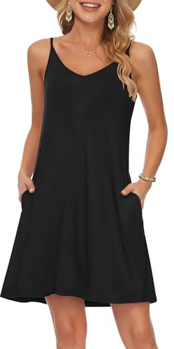 MISFAY Schwarzes Sommerkleid Damen Spaghetti Trägerkleid Lässiges Minikleid mit Taschen M
