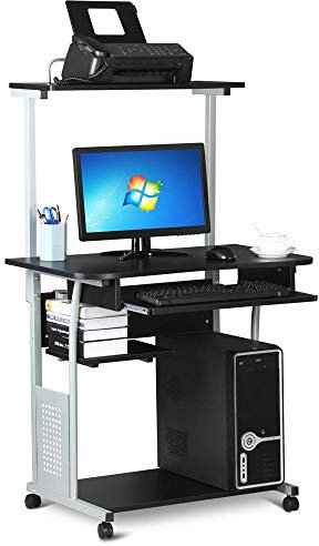 Yaheetech Bureau Informatique avec 3 Tablettes de Rangement Design Table Ordinateur roulettes avec Freins Bureau Ordinateur Noir 80 x 50 x 132 cm