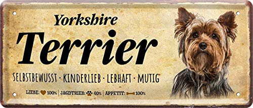 WOGEKA ART Retro Blechschild - Yorkshire Terrier Steckbrief Hund Dog - witziger Spruch als Geschenk-Idee zum Geburtstag Weihnachten Dekoration 28x12 cm Vintage-Design Metall 1622
