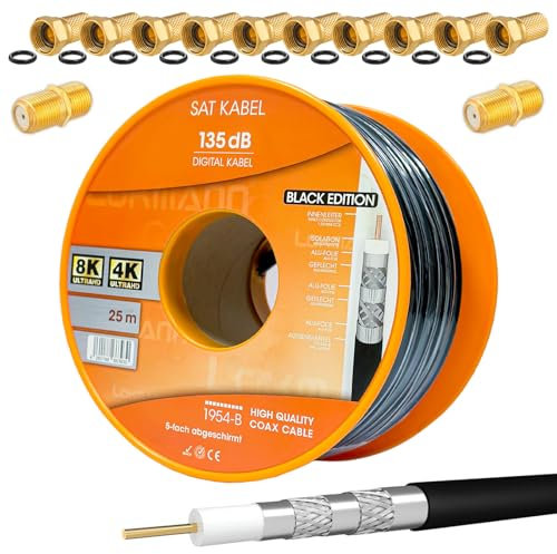 Câble coaxial satellite CCS PRO à 5 voies blindé Noir 135dB 25m Câble d'antenne coaxial en acier et cuivre pour installations DVB-S/S2/C/T BK + 10 fiches F plaquées or et 2 connecteurs F gratuits