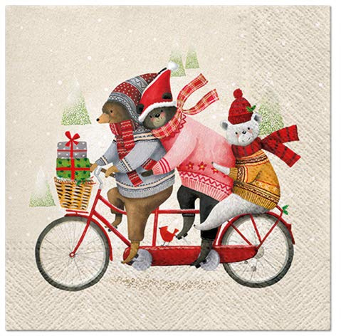 20 Servietten Winterb?ren auf Fahrrad | Tiere | Kinder | Weihnachten 33x33cm