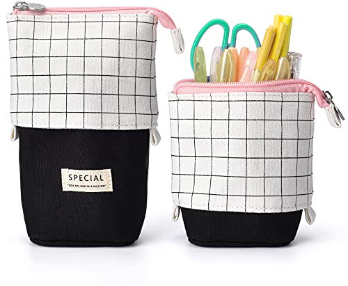 TOYESS Stand Pencil Holder,Telescopic Cartoon Cute Cat Pencil Case Cosmetic Durable Canvas Stationery Makeup Bag for Boys Girls Students and Office Supplies, White Grid