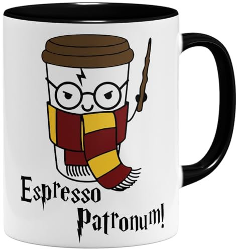 OM3® Espresso Patronum Kaffee-Tasse mit Zauberspruch | Keramik Becher | 11oz 325ml | Beidseitig Bedruckt | Schwarz