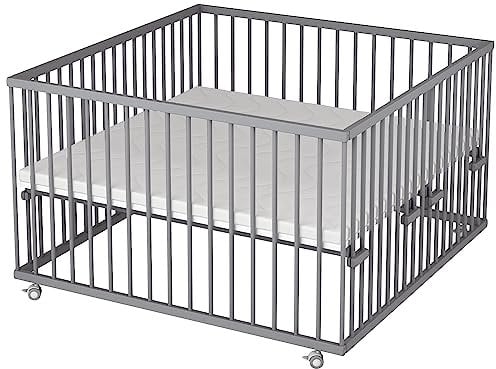 Sämann Laufstall Baby 120x120 cm mit Matratze | TÜV geprüft 2023 | stufenlos höhenverstellbar | Laufgitter Premium | Babybett aus Holz | Krabbelgitter grau
