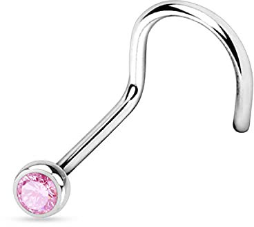 WARRIOR Piercing Nez Sterile Titane Nez Stud Courbé Nez Pin avec Boule de Cristal Rose Tchèque 22G (0.8mm) Longueur 6.5mm x 2.5mm