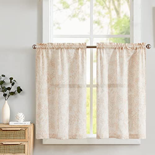 TOPICK Leinen Scheibengardinen Blumen Küchengardinen 2er-Set H90xB65(cm) Landhausstil Modern Gardinen Vorhänge Kurz Bistrogardine für Wohnzimmer Badezimmer Fenster Kurzstores Braun auf Beige
