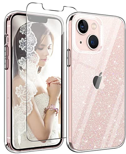 Vauki Coque pour iPhone 13 [Verre Trempé *1] Paillettes Transparent Silicone Souple TPU Protection Brillante Antichoc Housse Anti Rayures Case pour iPhone 13