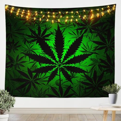 Marihuana Weed Leaf Tapisserie Medium 59x59, Cannabisblatt Wandteppich für Schlafzimmer, Ästhetik für Kinder, Jungen, Teenager, Farbverlauf, grün, schwarz, Wandteppich, Hippie-Blatt-Wandteppich