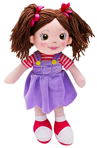 Toyland® 35 cm Plüsch-Ragdoll im lila Latzkleid – Kuscheltierpuppen für Kinder – Alter ab 18 Monaten
