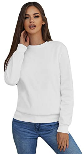 OZONEE Damen Sweatshirt Pullover Langarm Farbvarianten Oversized Langarmshirt Pulli ohne Kapuze Baumwolle Baumwollmischung Classic Basic Rundhals-Ausschnitt Sport 777/4428B WEIẞ XL