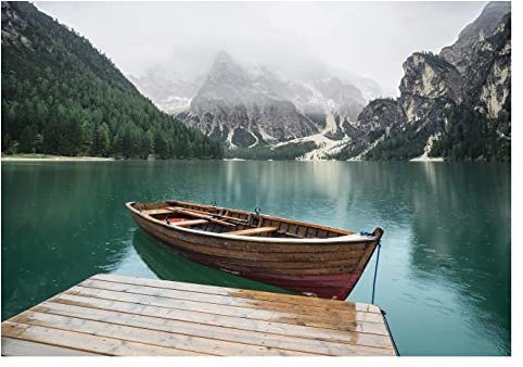 Fototapete Berge und Seen 3D Effekt Boot Panorama Landschaft Natur - inkl. Kleister - für Wohnzimmer Schlafzimmer Flur Vlies Tapete Vliestapete Wandtapete Motivtapeten Montagefertig (368x254 cm)