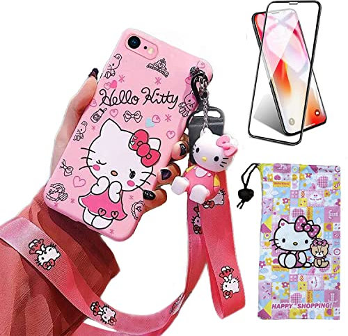 Compatible with iPhone SE 2022/2020 iPhone 7 8 Case with Screen Protector, Cartoon Cute Funny Kawaii Cat Kitty Animal Character Phone Case Silicone Lanyard 3D Cover Case for Kids Girls and Womens