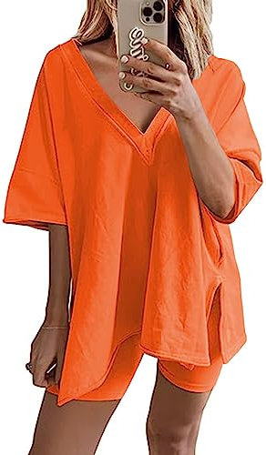 Peaceglad 2 Stück Outfits für Frauen Oversized Reversible Biker Short Sets Hot Shot Set Trainingsanzug, Orange/Abendrot im Zickzackmuster (Sunset Chevron), Large