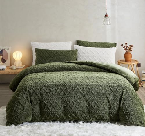 Sedefen Flauschig Bettwäsche 200x200 cm Grün Biber Flanell Fleece Geometrischmuster Cashmere Touch Winterbettwäsche Warme Sherpa Bettbezug und 1 Kissenbezug 80x80cm mit Reißverschluss