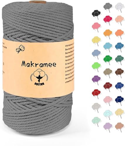 Uvolo 3mm x 200m Makramee Garn, Baumwollgarn, Macrame Kordel für Basteln, Pflanzenbügel-Grau