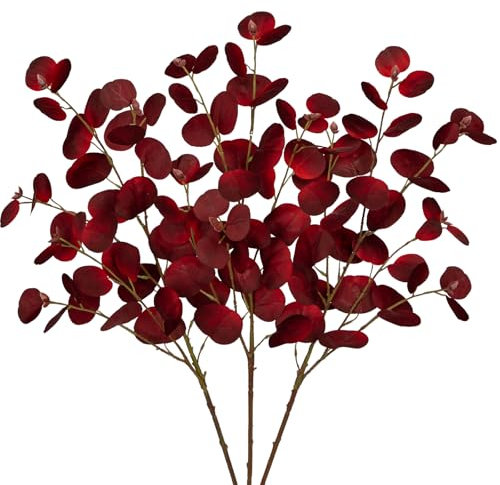 3er Set Künstliche Eukalyptus Zweige 81CM Kunsteukalyptus Lange Dekozweige Kunstpflanze Wie Echt für Blumengesteck Home Herbst Dekoration, Dunkelrote Blätter