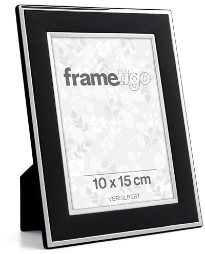 Frametigo Bilderrahmen 10x15cm – Versilberter schwarzer Metallrahmen mit Glas – Anlaufschutz – Samtrückseite & Ständer – Hoch- & Querformat