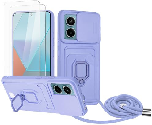 Zallagre Funda con Cuerda Compatible con Redmi Note 13 Pro 5G,[2 Packs Cristal Templado],Ranura para Tarjetas,Cubierta de Cámara Deslizante Proteger,360 Anillo Soporte-Morado