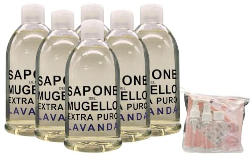 Sapone Extra Puro Per Mani, Viso e Corpo, LAVANDA. Con Estratto Biologico Di Foglia Di Olivo e Olio Essenziale Di lavanda 1000ml (6 Flaconi) + Kit Bottiglie Da Viaggio